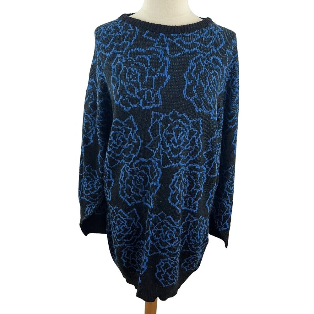 Vintage 80s Fortune Knits Acrylic Sweater Tunic Black Blue Roses Novelty
